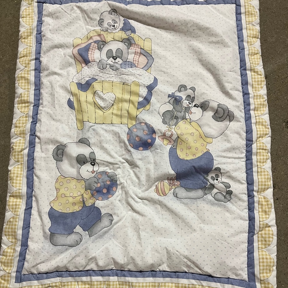 Vintage Panda Bear Family Yellow and Blue Calming Lightweight Crib Comforter